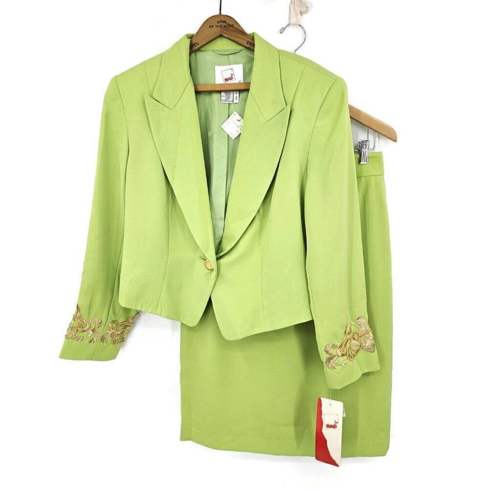 New Vtg Mondi Skirt Suit Womens 42 Green Gold Beaded Crop Blazer